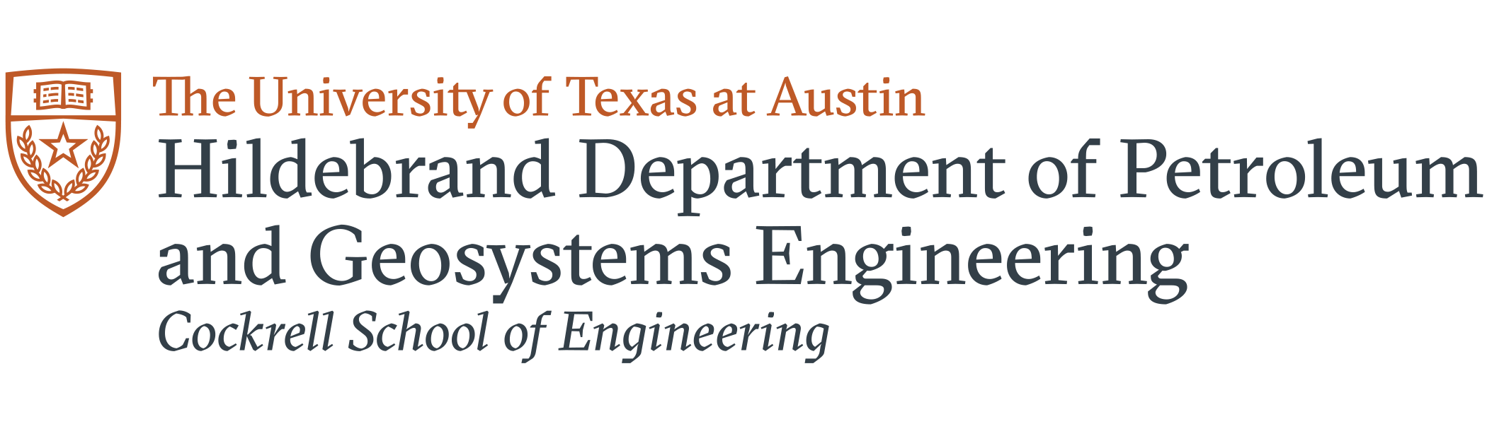 Logo for Hildebrand Department of Petroleum and Geosystems Engineering at The University of Texas at Austin Cockrell School of Engineering. Burnt orange badge at left of logo