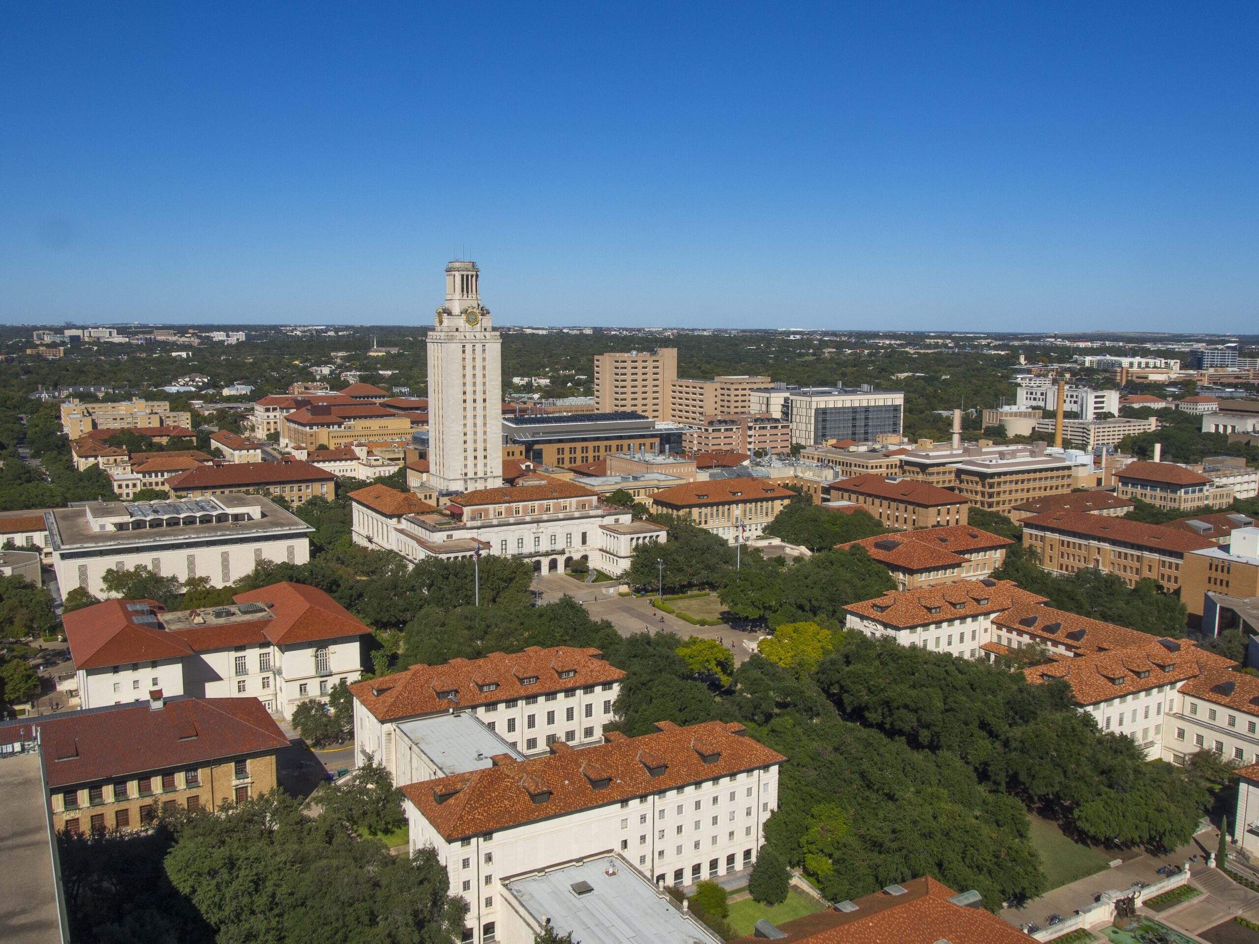Aerial view of The University of Texas at Austin campus.